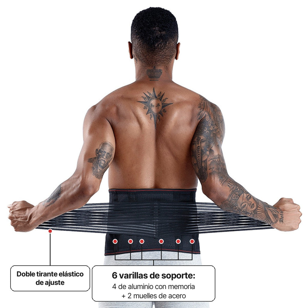 Detalle de la faja: 6 varillas de soporte (4 de aluminio y 2 muelles de acero) y doble tirante elástico de ajuste