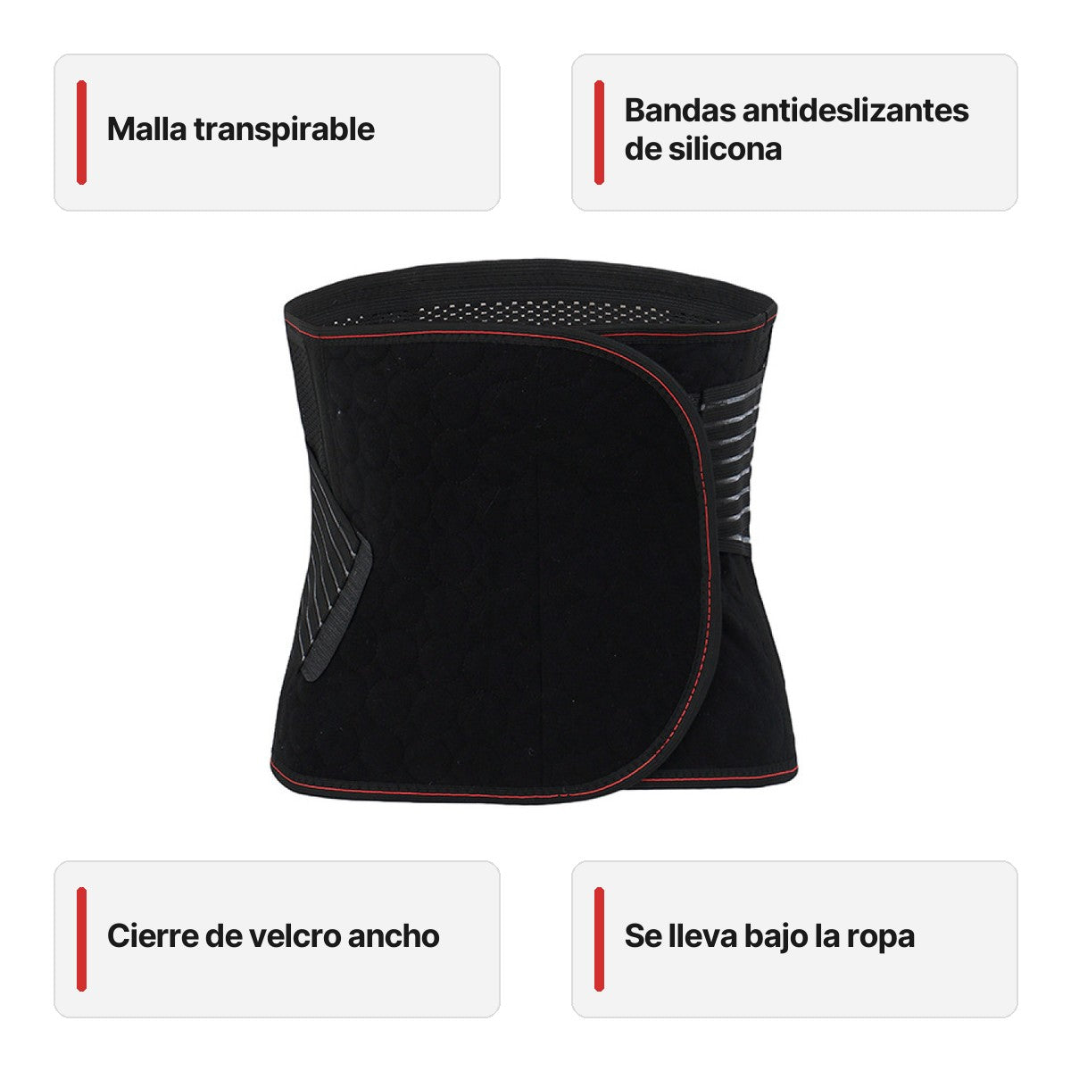 Faja lumbar con malla transpirable, bandas antideslizantes de silicona y cierre de velcro ancho; se lleva bajo la ropa