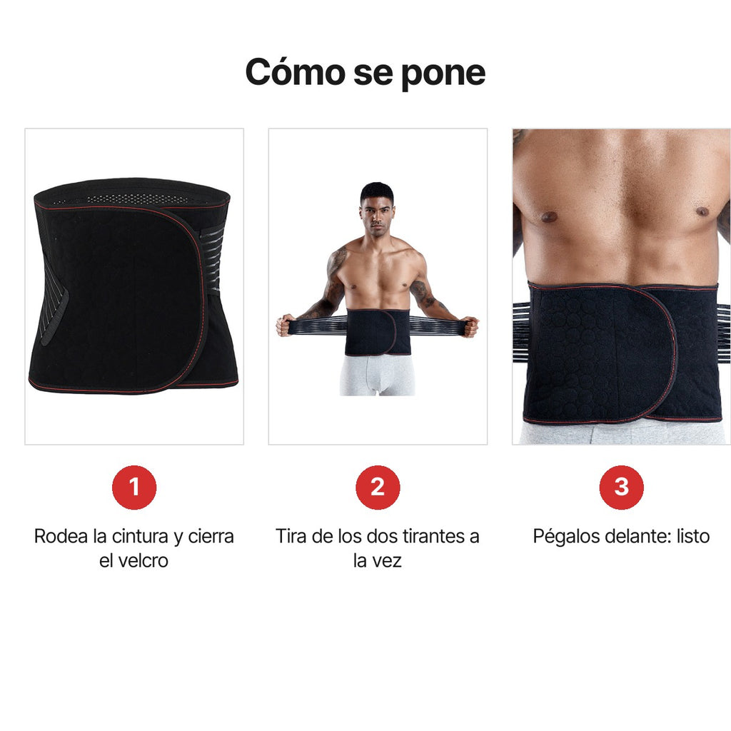 Cómo se pone la faja en 3 pasos: rodea la cintura y cierra el velcro, tira de los dos tirantes a la vez y pégalos delante