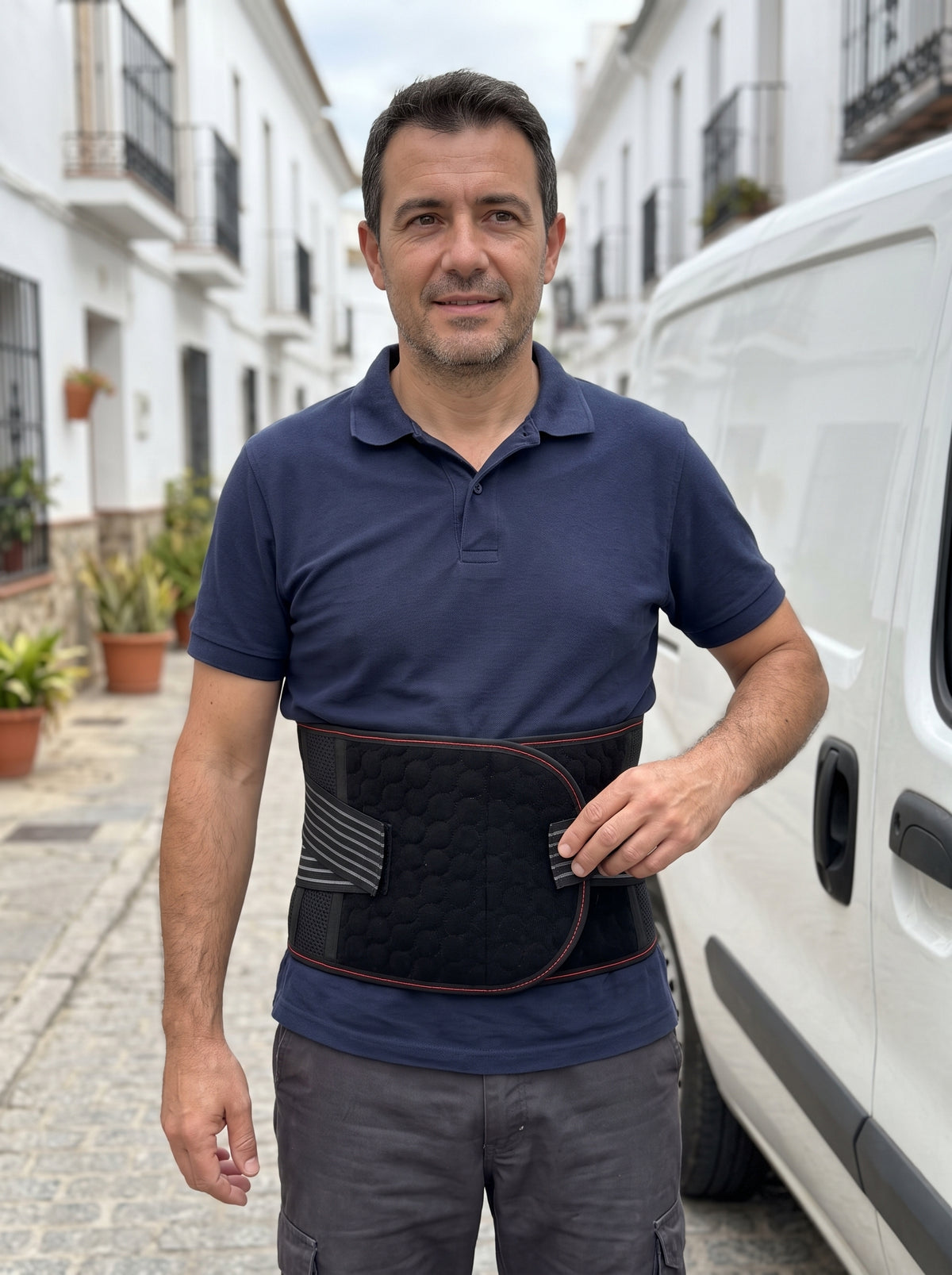 Repartidor junto a su furgoneta con la faja lumbar negra de 6 varillas puesta sobre el polo