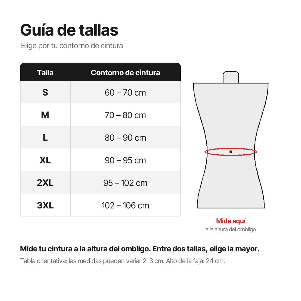 Guía de tallas de la faja lumbar: de la S a la 3XL según el contorno de cintura, medido a la altura del ombligo