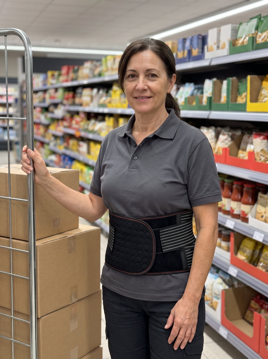 Reponedora en el pasillo de un supermercado con la faja lumbar LUMBARIA sobre su polo de trabajo
